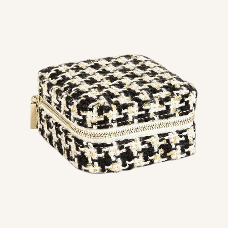 square black and white tweed jewellery box
